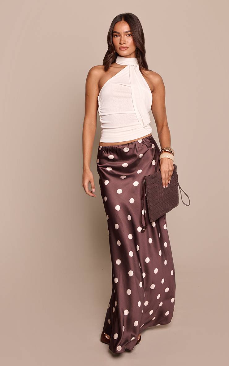 Marron Jupe Longue Fluide En Satin À Pois