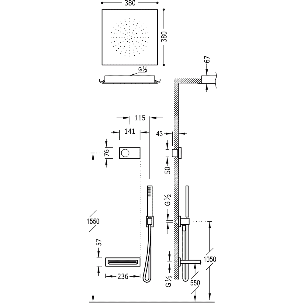 Tres Shower Technology elektronische inbouwthermostaat met regendouche 38x38cm, baduitloop en handdouche mat zwart