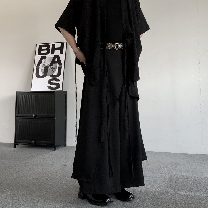 Orungeetun - Mid Rise Plain Skirt Overlay Wide Leg Pants