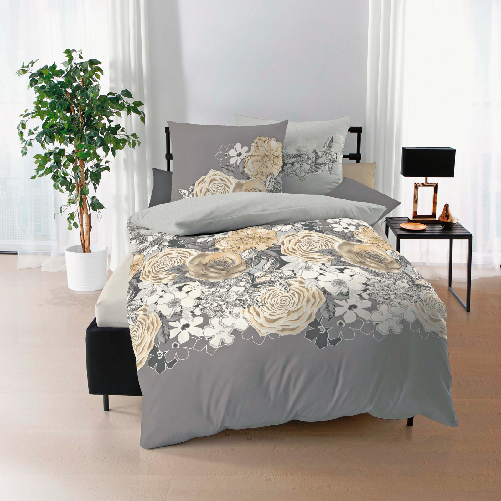 Kaeppel Bettwäsche Mako-Satin grau mit Blumen