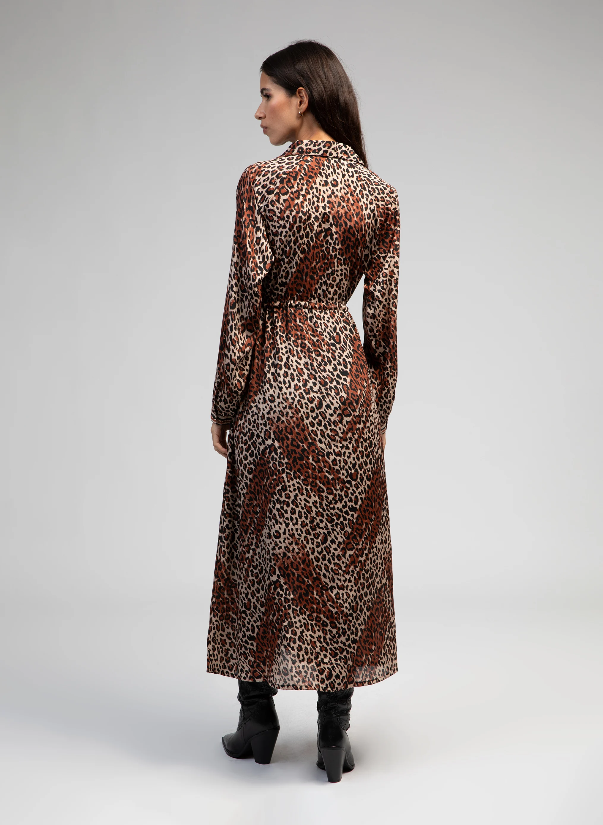 OSALLY - Robe midi col chemise à imprimé léopard | Marron