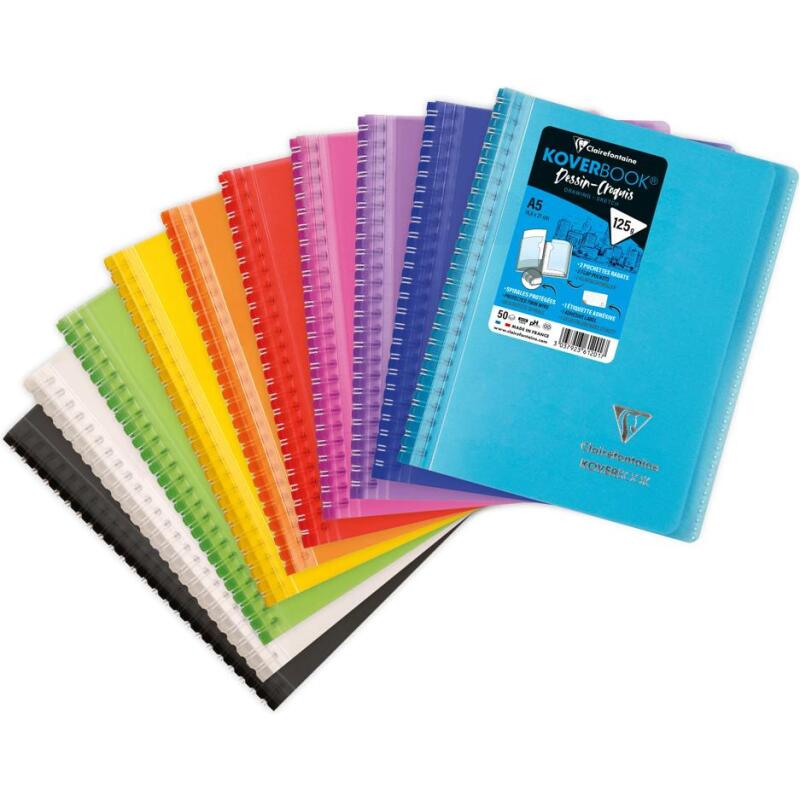 Carnet dessin/croquis Koverbook reliure intégrale enveloppante A5 100 pages papier blanc 125 g couverture polypropylène transparent - Assortis