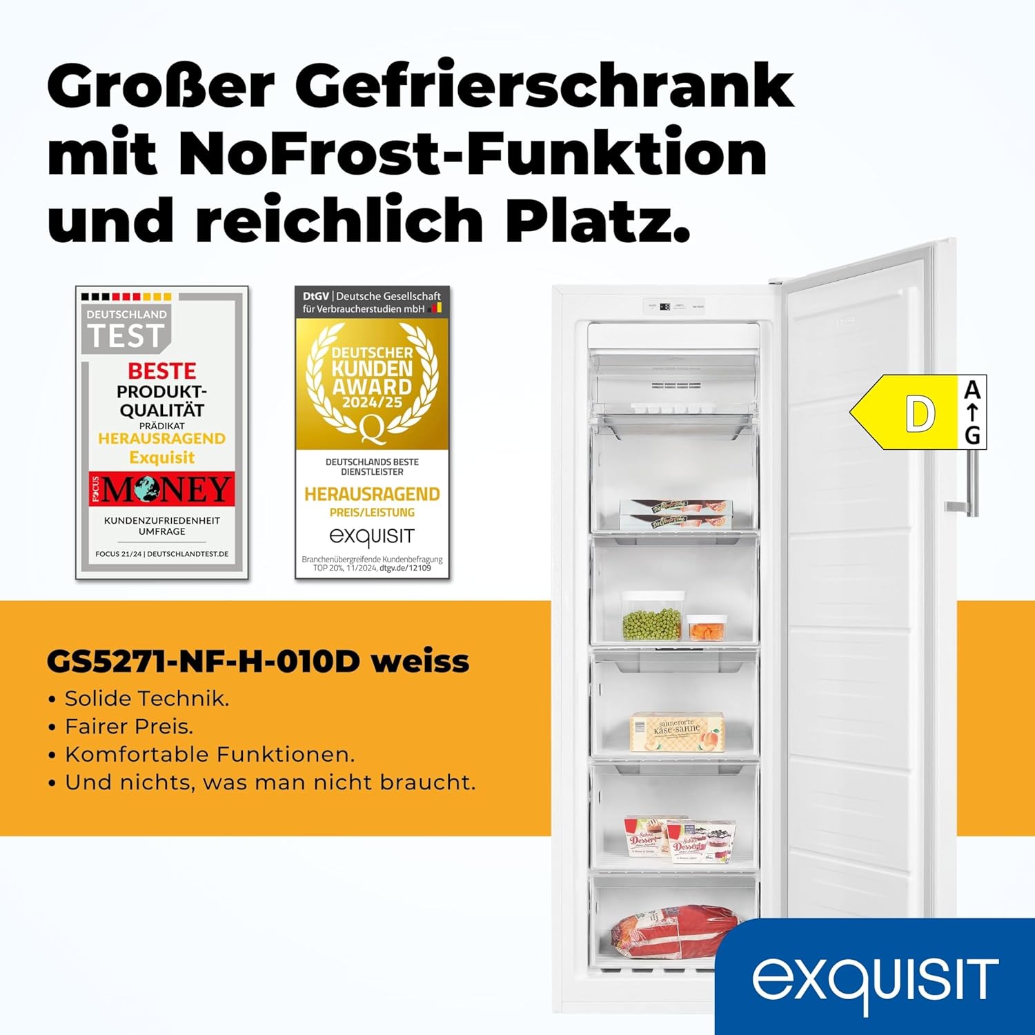 Exquisit Gefrierschrank NoFrost, Tiefkühlschrank groß, 194 Liter, Alarm-Funktion, 4-Sterne-Gefrieren, Schnellgefrieren, LED-Display, GS5271-NF-H-010D weiss