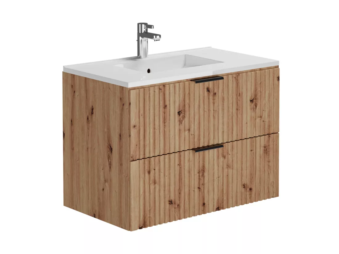 Meuble de salle de bain suspendu strié avec vasque à encastrer - Naturel clair - 80 cm - ZEVARA