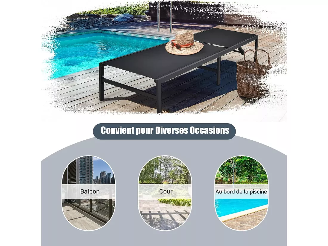Transat Inclinable/Chaise Longue de Jardin-Dossier Réglable à 5 Positions en Acier&Tissu pour Piscine, Plage, Terrasse, 198x63,5x35cm, Charge 150 kg, Noir