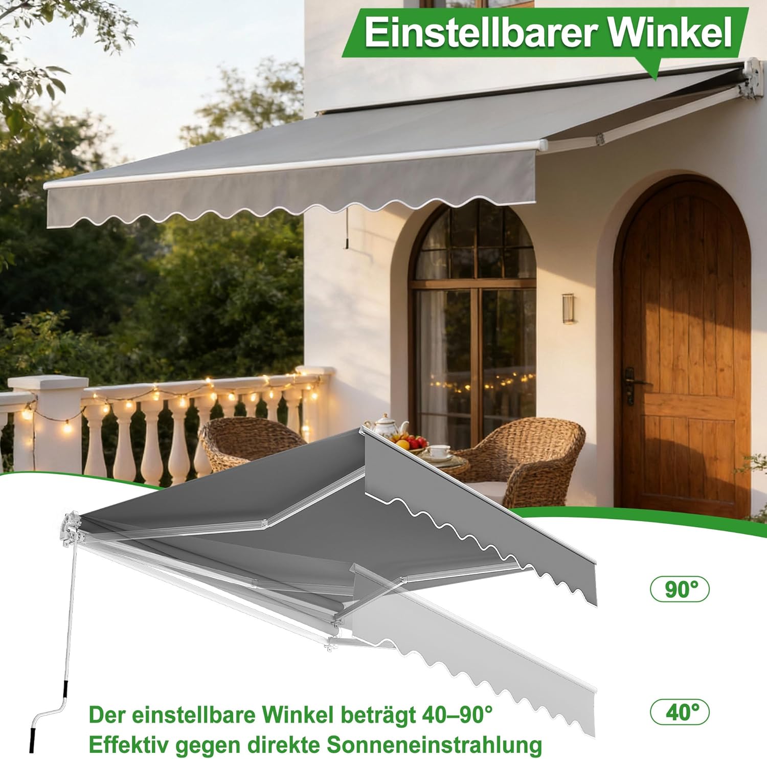 400x300cm Gelenkarmmarkise Markise aus Alu und Polyester Sonnenmarkise Balkonmarkise Sonnenschutz Wasserdicht Sichtschutz Sonnensegel Anti-UV mit Handkurbel für Terrasse Balkon Hellgrau