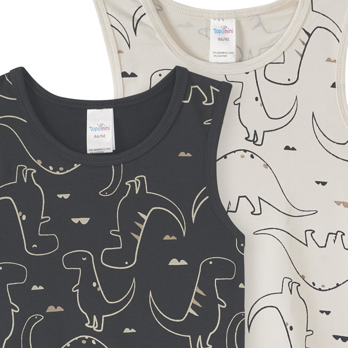 Topomini 2 Jungen Unterhemden mit Dino-Allover dunkelgrau / weiss