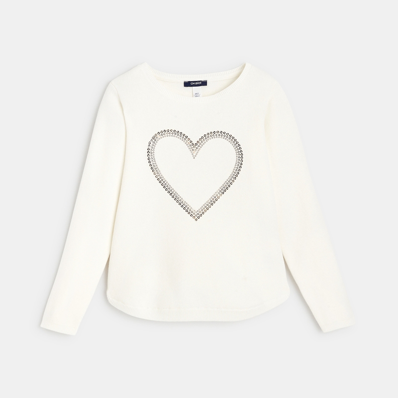 Pull fin à sequins brodés motif cœur blanc fille