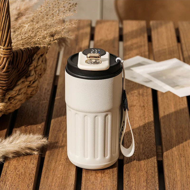 (460ml) Edelstahl Thermo Kaffee Becher Thermoskanne Rutschfester Vakuum Behälter mit Digitaler Temperaturanzeige   Handschlaufe - Beige / Schwarz