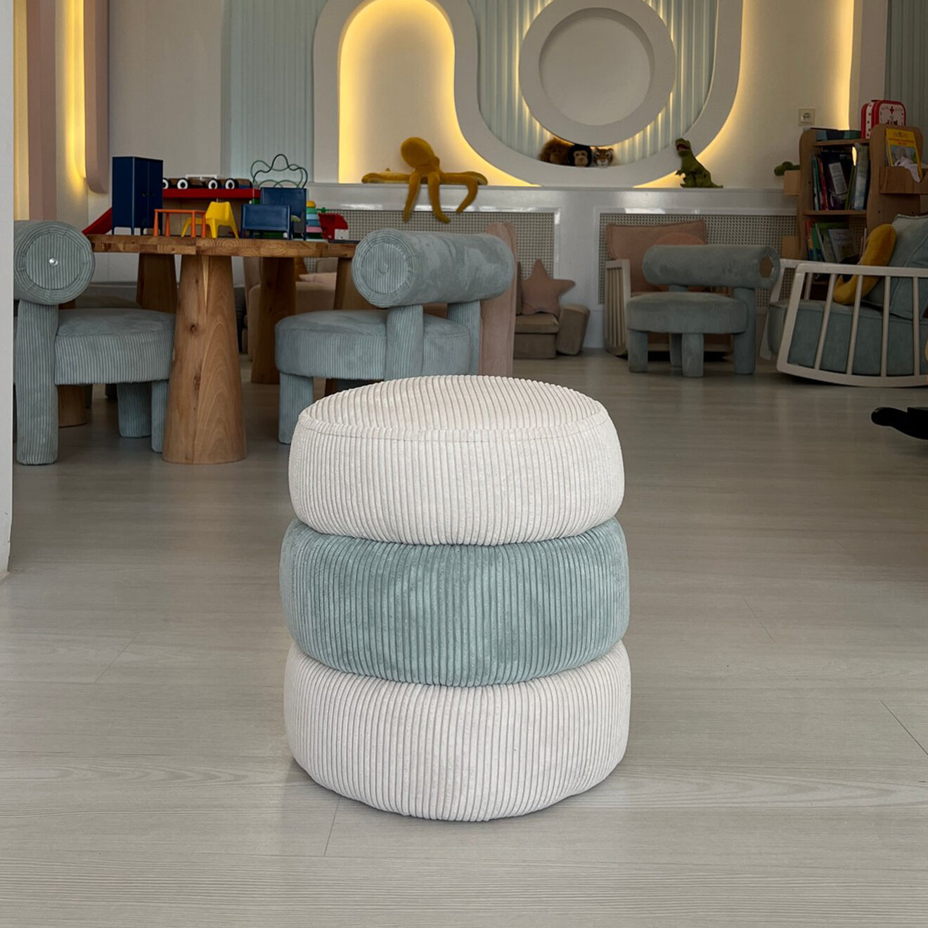 Homitis Pouf Enfant Miniboum bleu/blanc - 32x32x36 cm