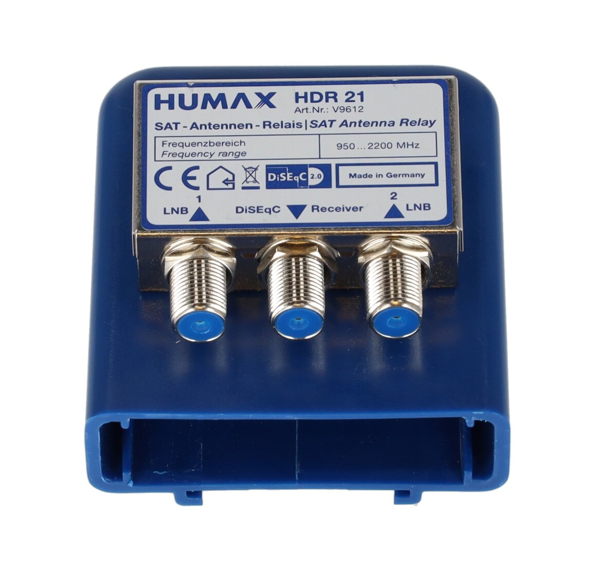 Humax DiSEqC Relais 2/1 mit Wetterschutz für 2 Single SAT-LNBs, blau