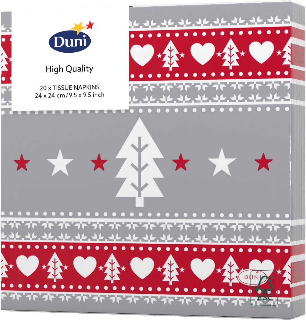Duni servetten Sweden grijs / rood 24 x 24 cm 20 stuks