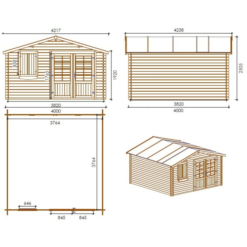 Abri de jardin en bois - 4x4 m - 24 m2 + terrasse avec balustrade et avant-toit en bois