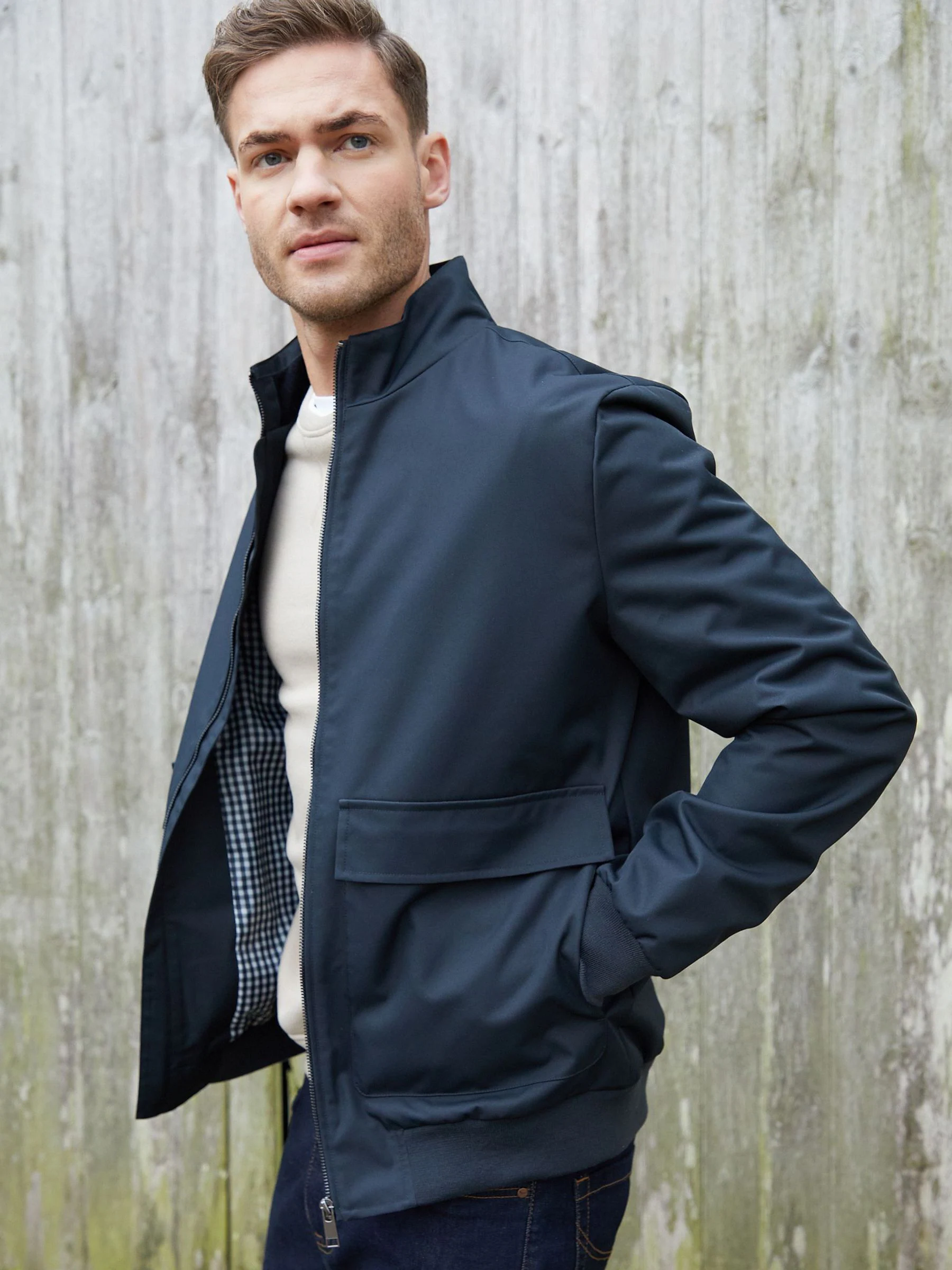 Blauw - Threadbare Patch Pocket Funnel Neck Harrington Style Jacket