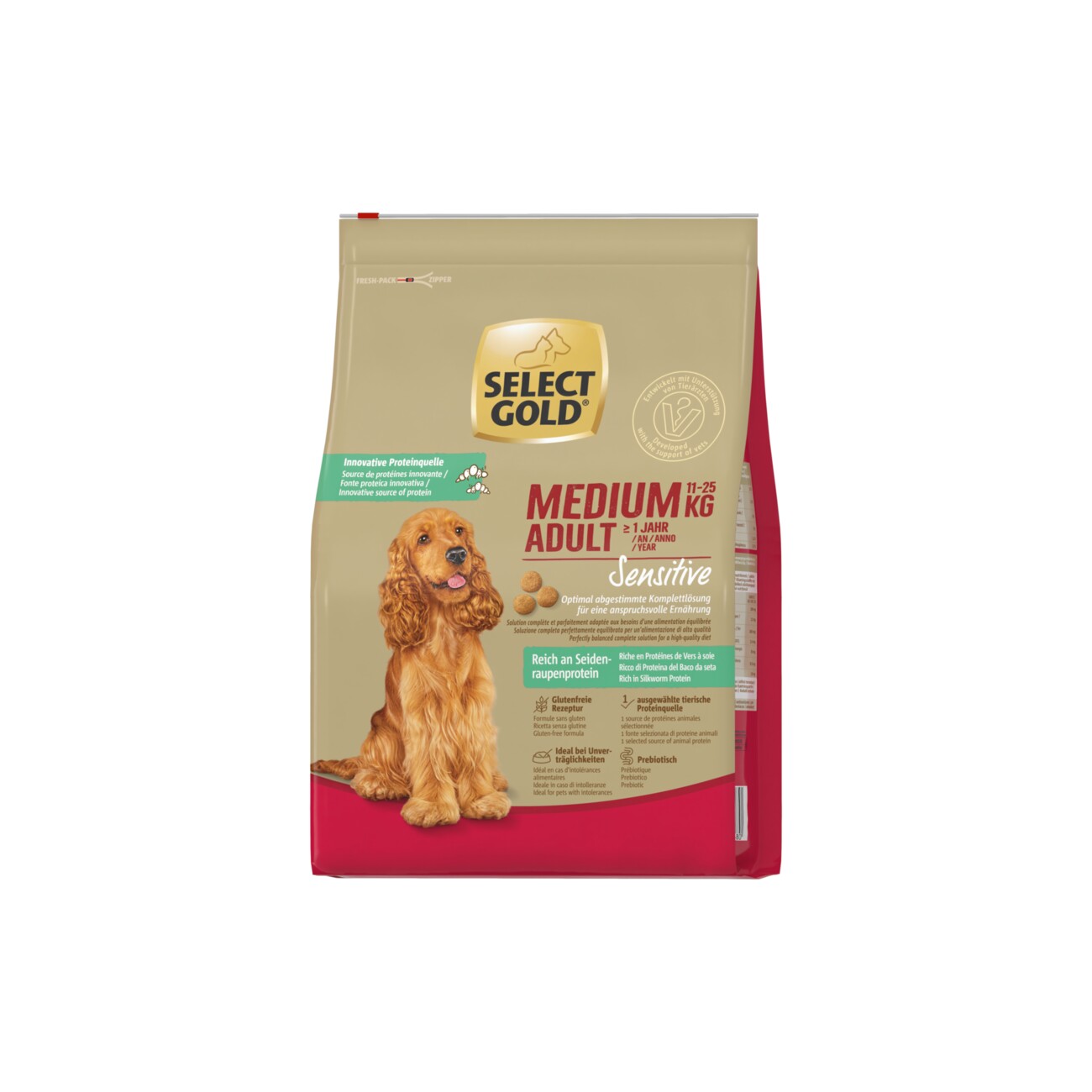 SELECT GOLD Trockenfutter Hund Medium Adult Sensitive Reich an Seidenraupe 4kg