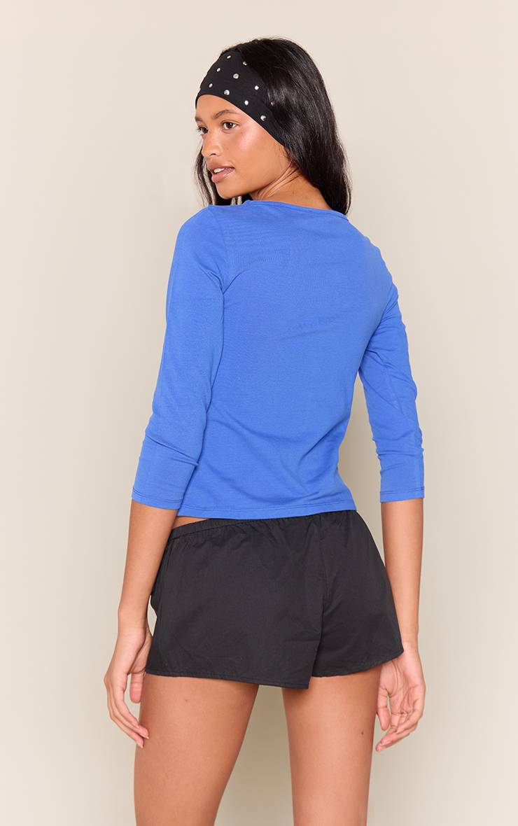 Bleu Cobalt Haut Ajusté En Coton Doux À Manches Trois-quarts