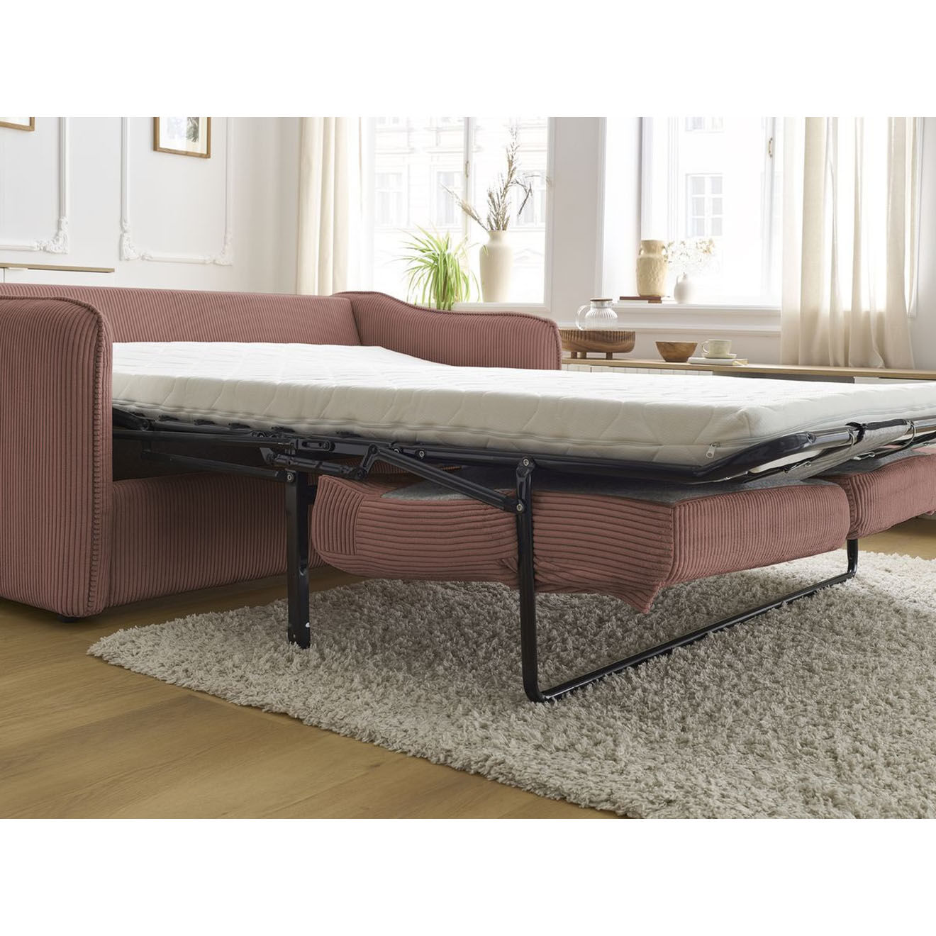 Bobochic Canapé droit convertible express en Velours côtelé 3 places Lenny rose - 178x102x89 cm