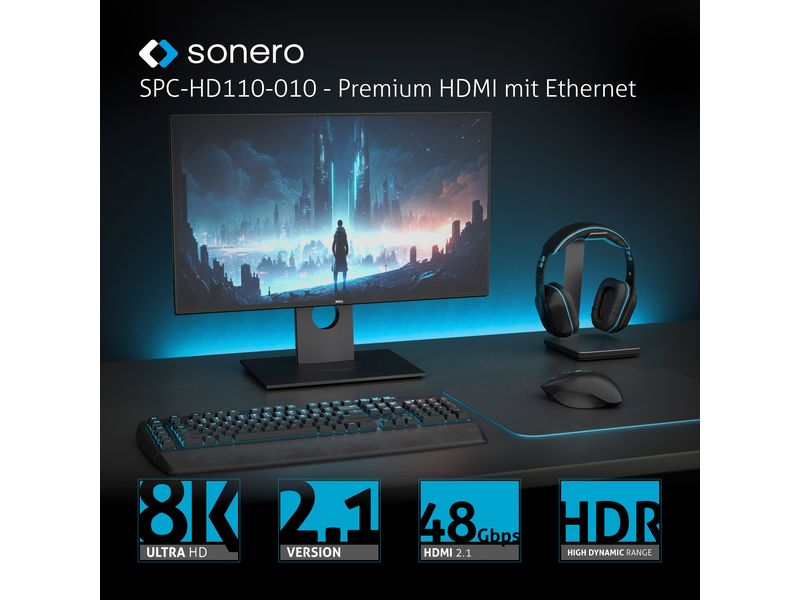 sonero Kabel 8K HDMI - HDMI, 2 m HDMI auf HDMI Kabel - 8K60 - grau/blau - 2.00m