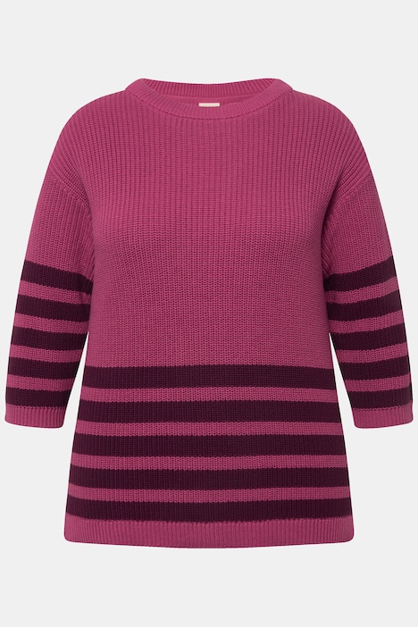 Pullover, Streifen, Boxy, Rundhals, 3/4-Arm, Biobaumwolle