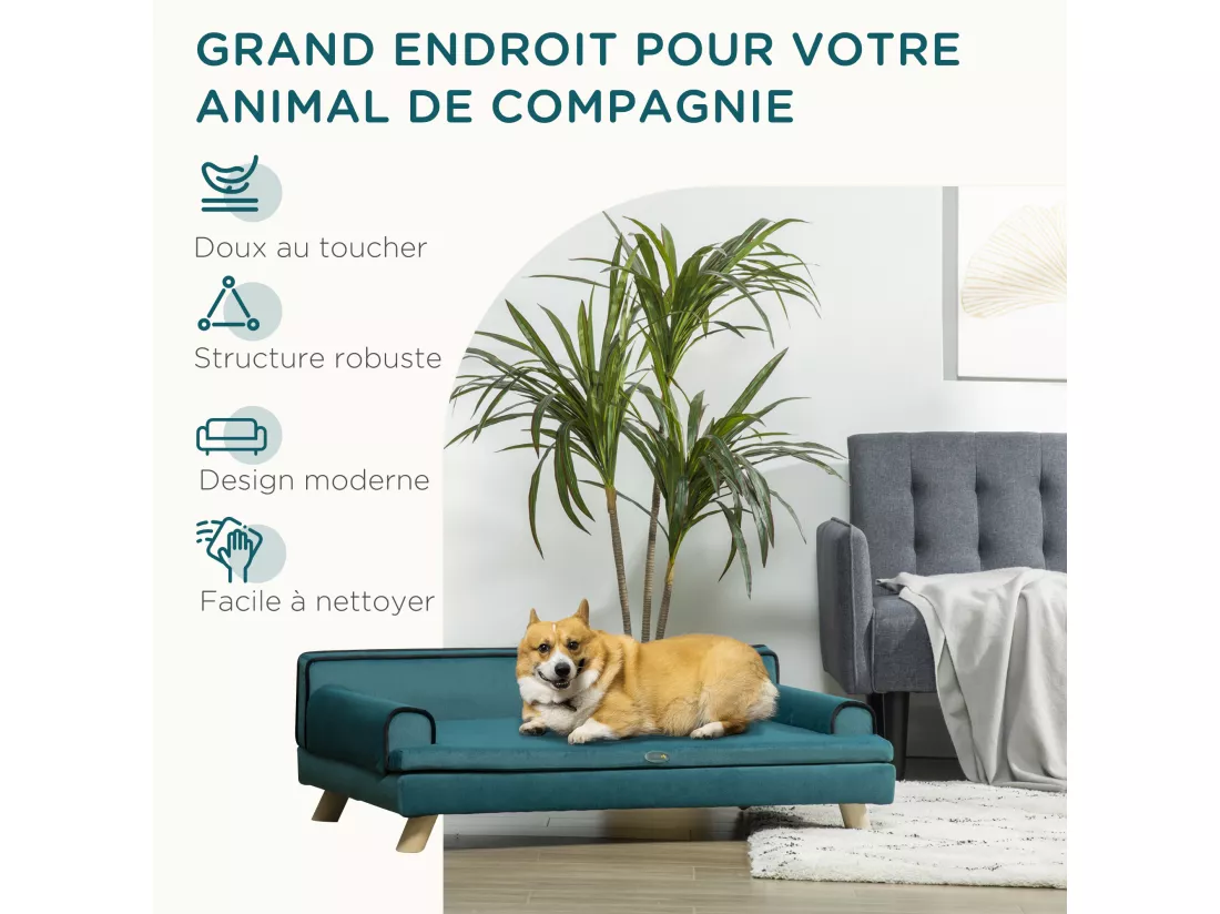 Canapé chien lit pour chien design scandinave coussin moelleux piètement bois dim. 100L x 62l x 32H cm polyester bleu canard