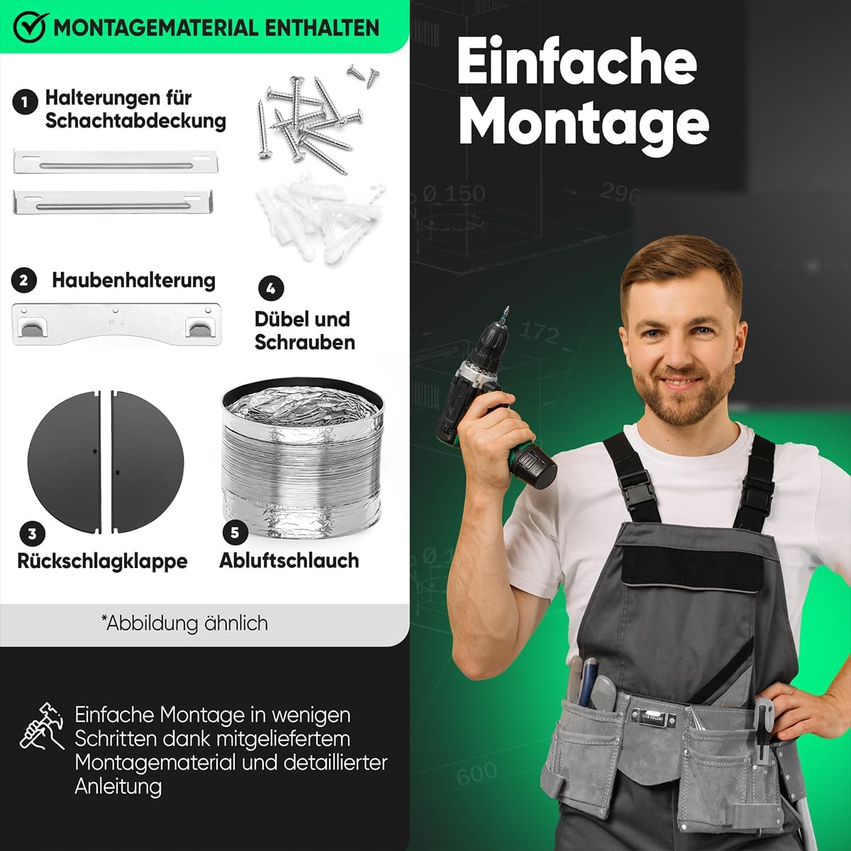 Bomann Dunstabzugshaube 60cm, bunte Beleuchtung, Abzugshaube 60cm Umluft & Abluft, leise Kopffreihaube, inkl. Montage-Material, Dunstabzugshaube Umluft Abluft DU 7611 G