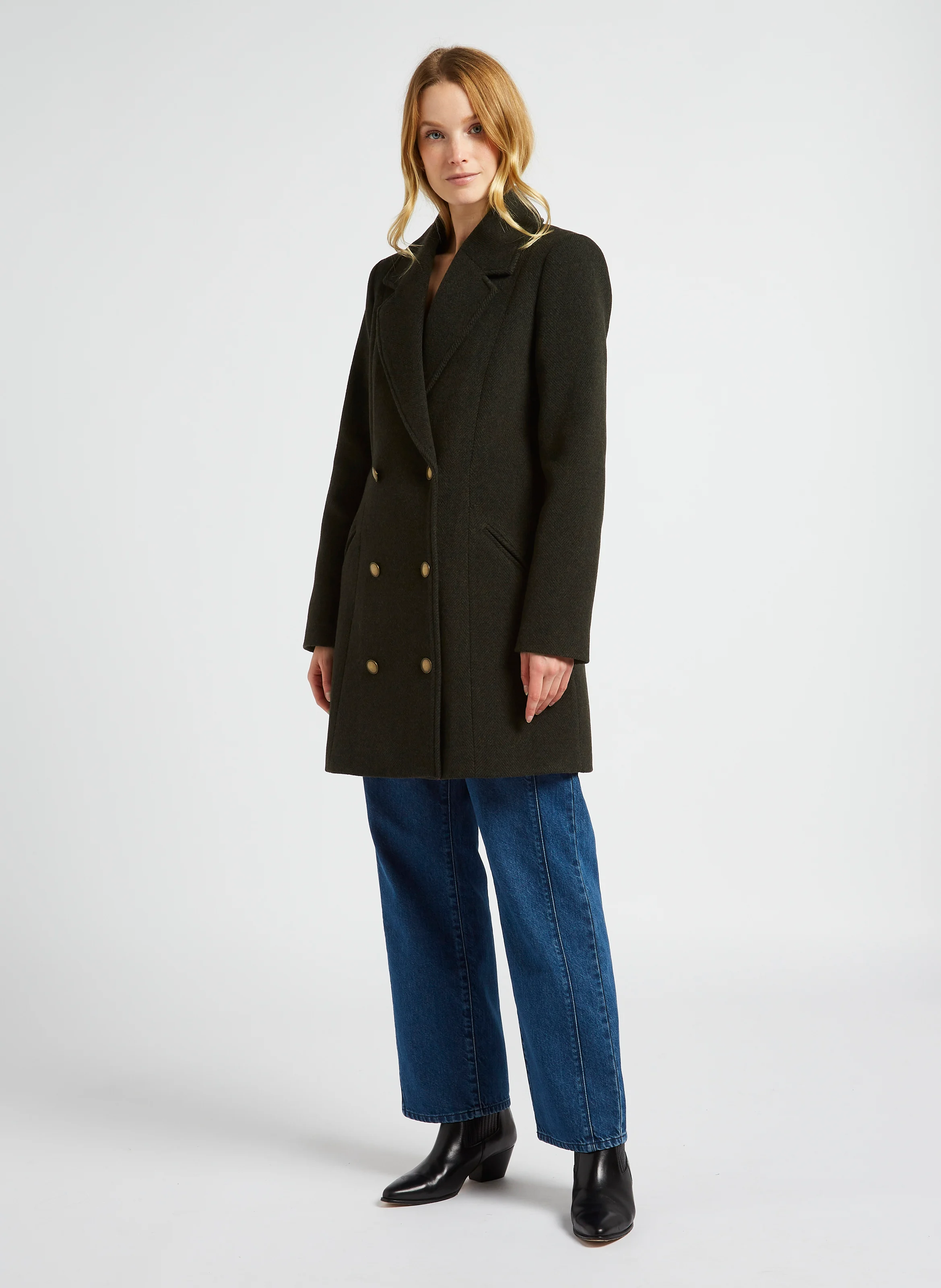 DIMA - Manteau droit col tailleur en laine mélangée | Kaki