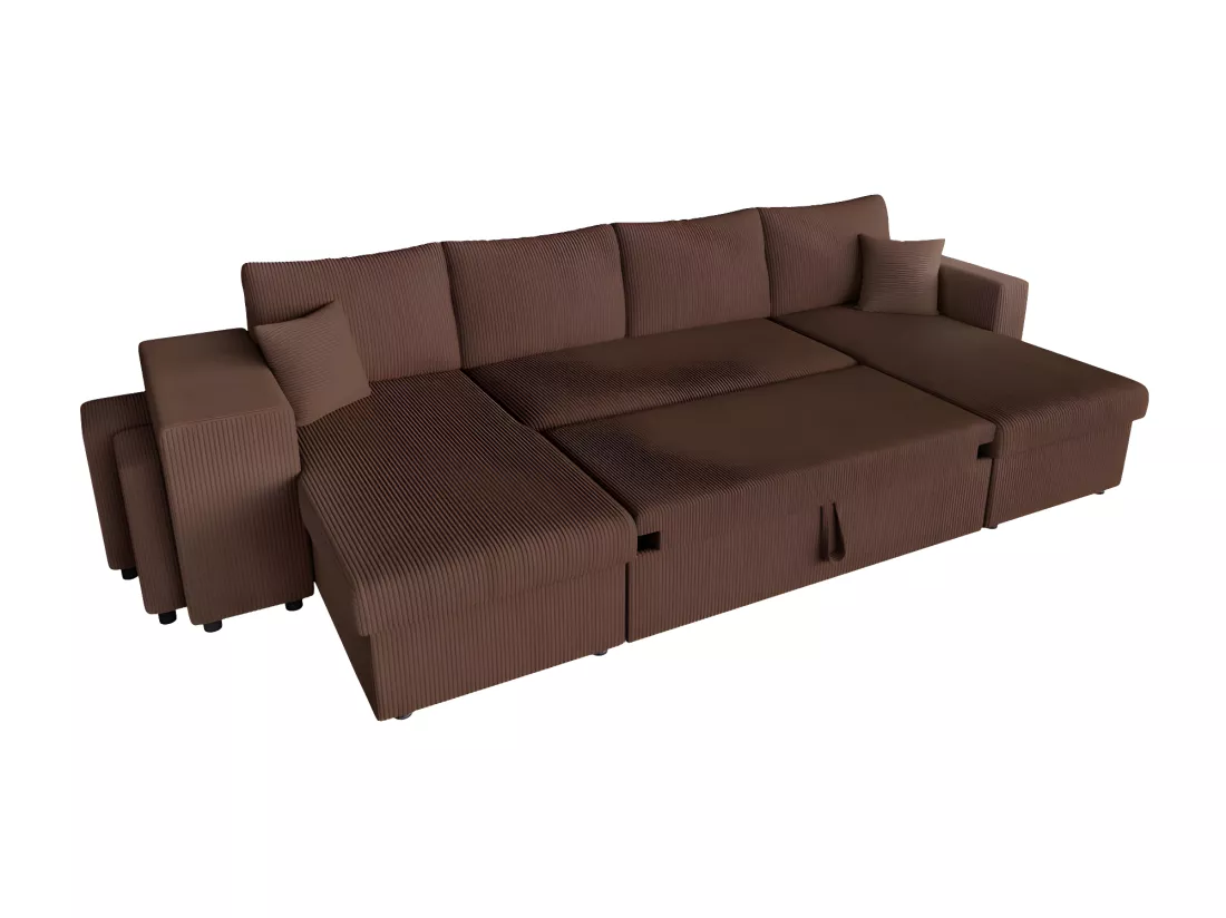 Canapé panoramique Oslo convertible avec 2 coffres, 2 poufs à gauche en velours côtelé marron - L311 x P146 x H81cm - Loungitude