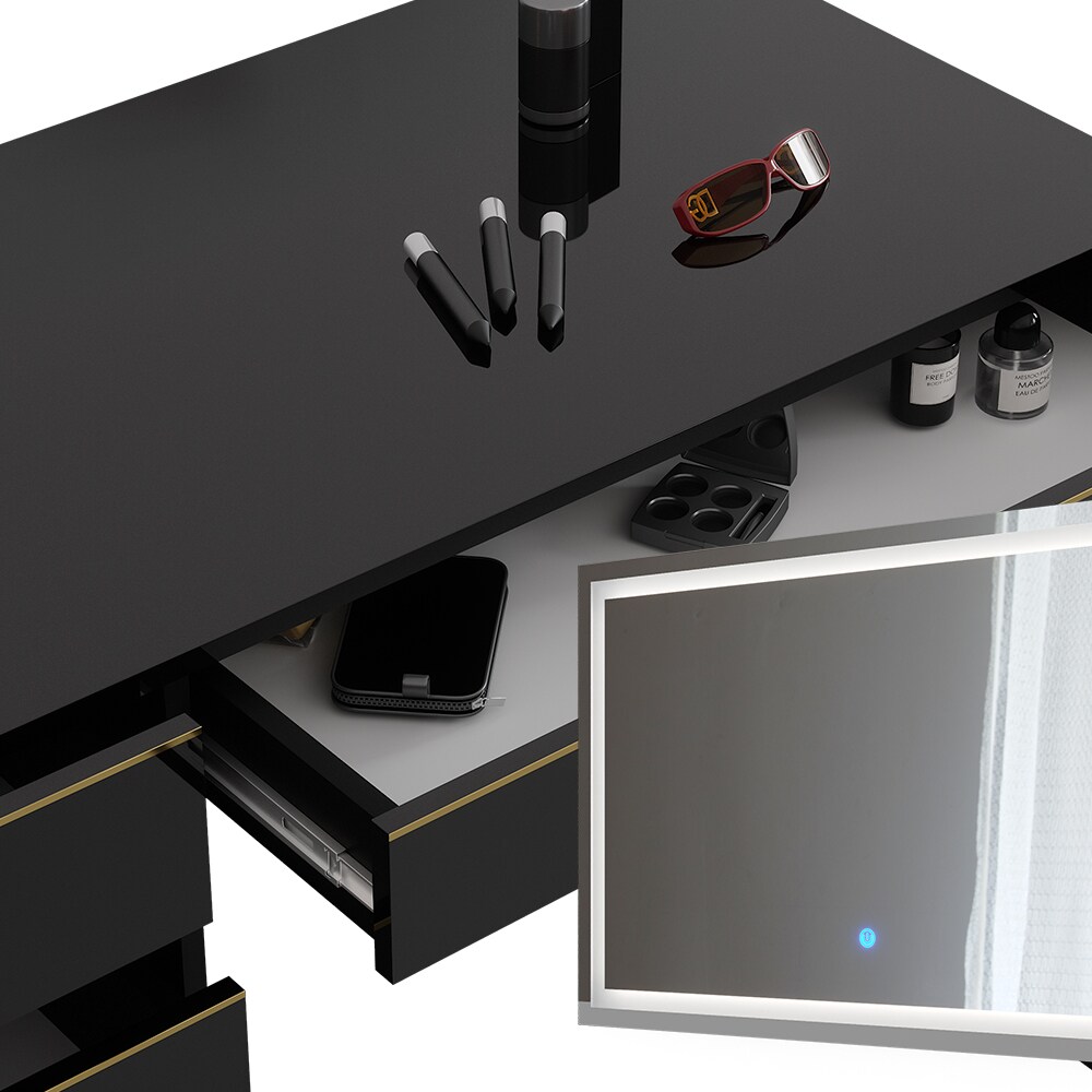 Vicco Schminktisch Sherry Schwarz Hochglanz Gold 120 x 75 cm 5 Schubladen LED-Spiegel Hocker