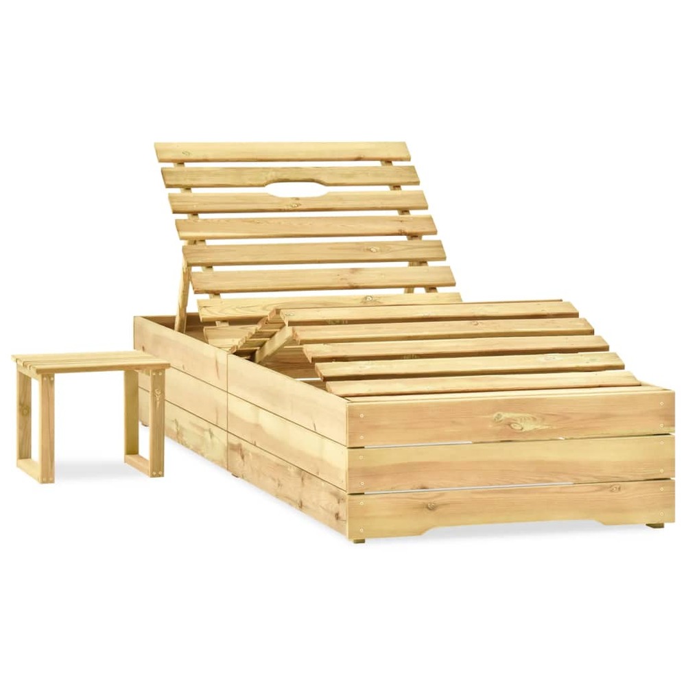 Transat chaise longue bain de soleil lit de jardin terrasse meuble d'extérieur 198 cm avec table bois de pin imprégné de vert