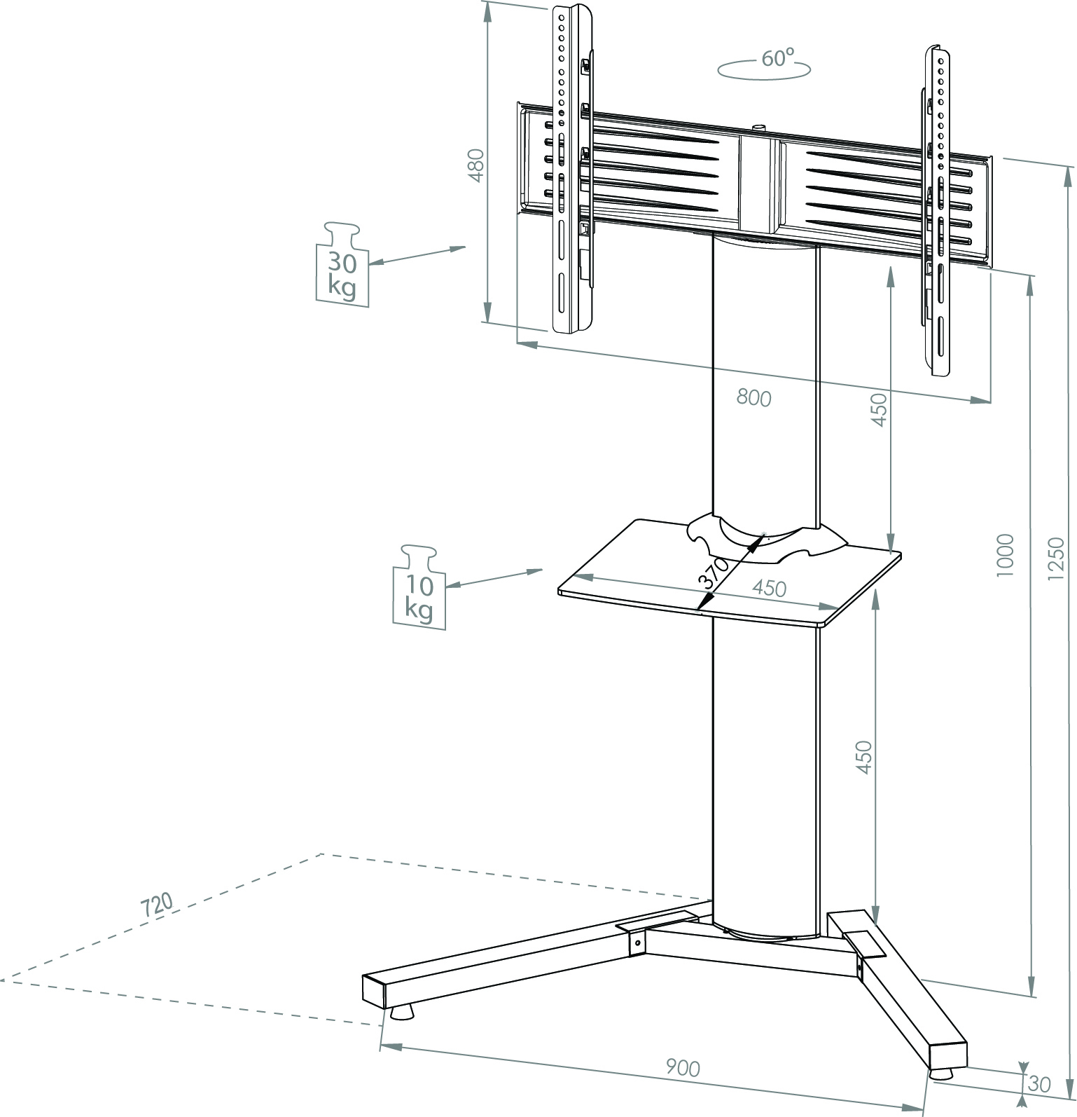 TV-Standfuß STADINO MINI - silber - Schwarzglas - mit Ablage