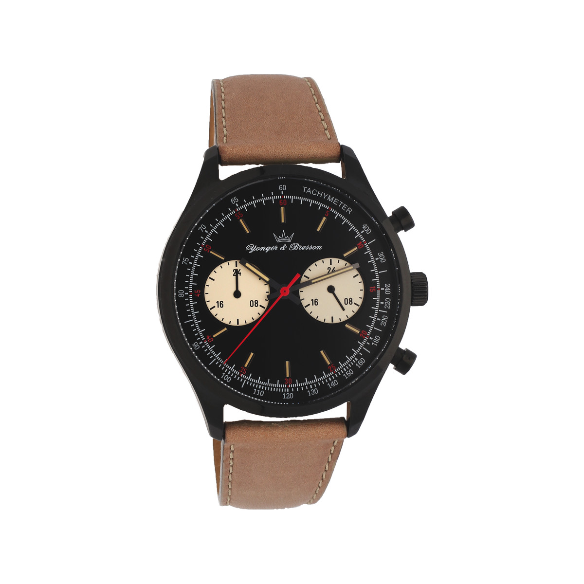 Montre Yonger et Bresson acier noir cuir marron