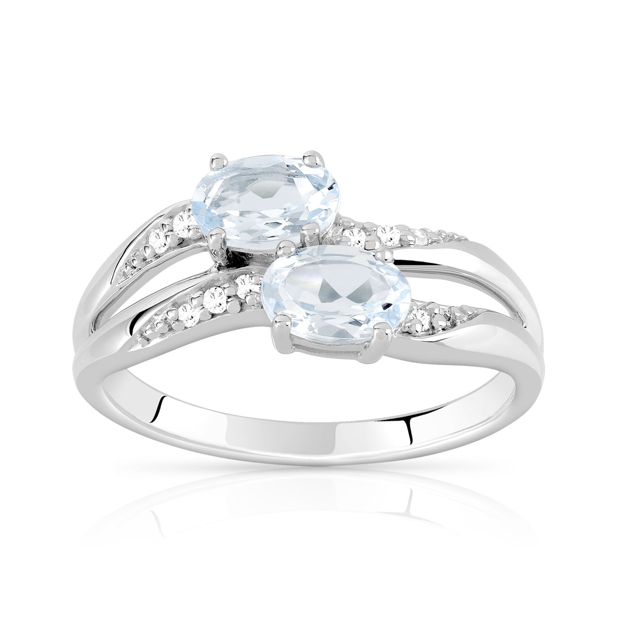 Bague or 375 blanc aigues-marines ovales et diamants