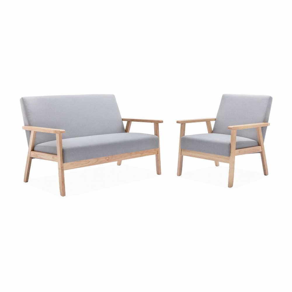 Fauteuil scandinave en bois et tissu gris clair. Isak. L 64 x p 69.5 x h 73cm