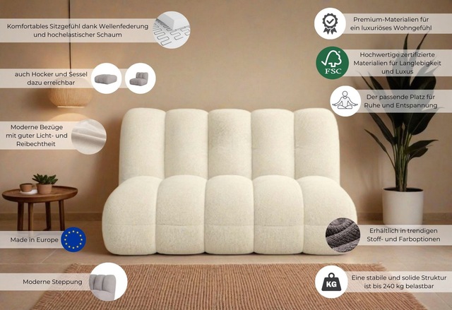 LeGer Home by Lena Gercke 2-Sitzer »Priya Designersofa, moderne Steppung, auch in Bouclé« gemütlich und modern, B/T/H: 155/108/84 cm