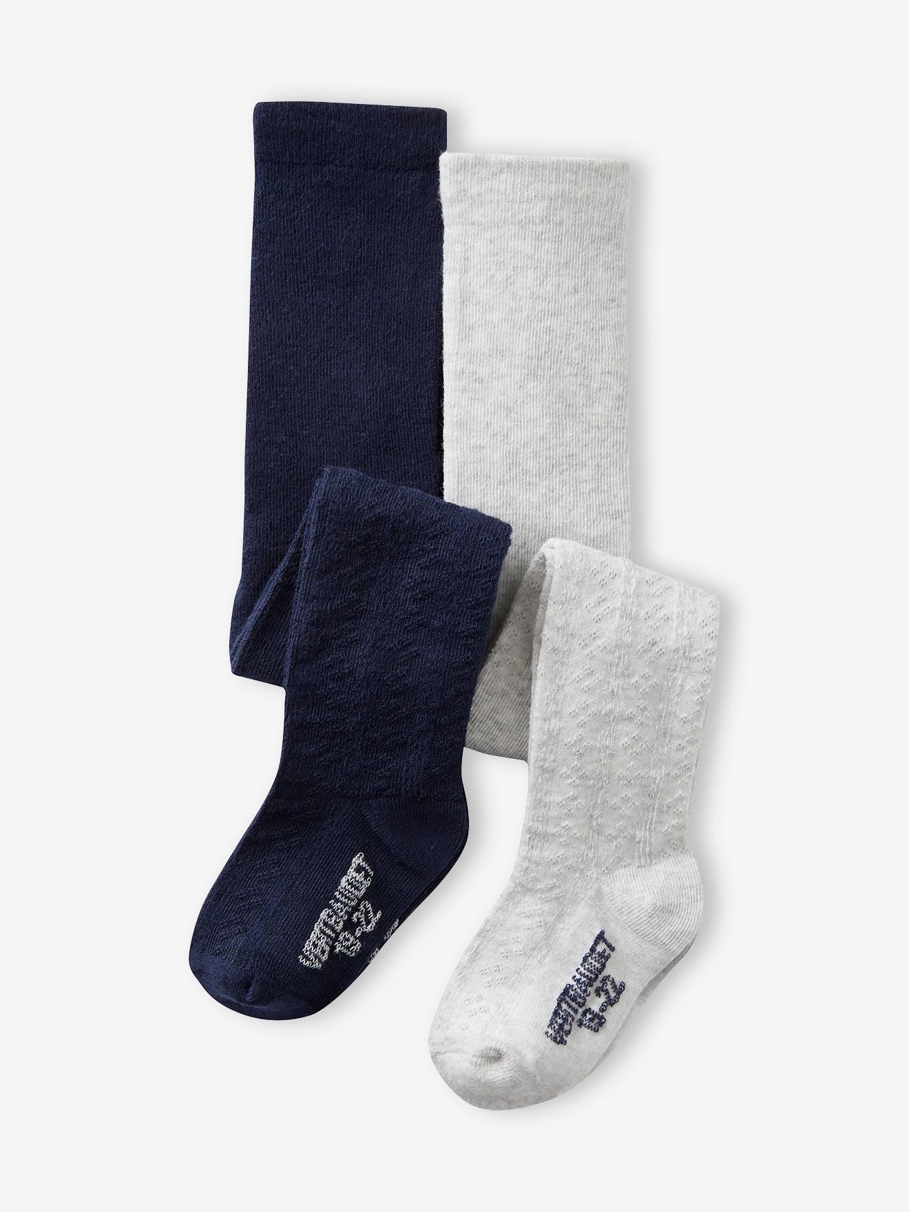 Conjunto com 2 pares de meias-calças de malha vazada para bebê menina, azul marinho