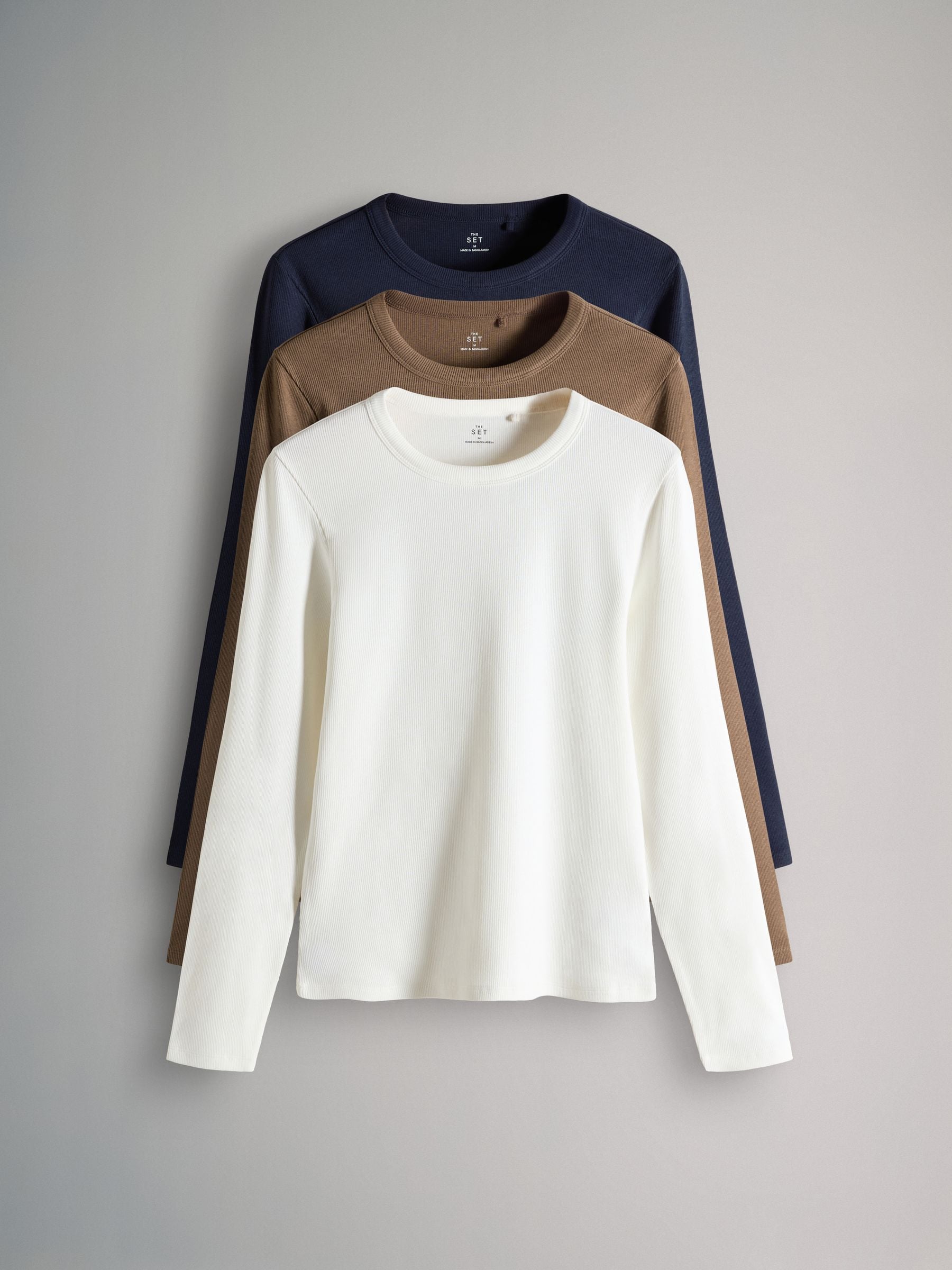 Marineblauw/crème/bruin - The Set van 3 geribbelde T-shirts met lange mouwen