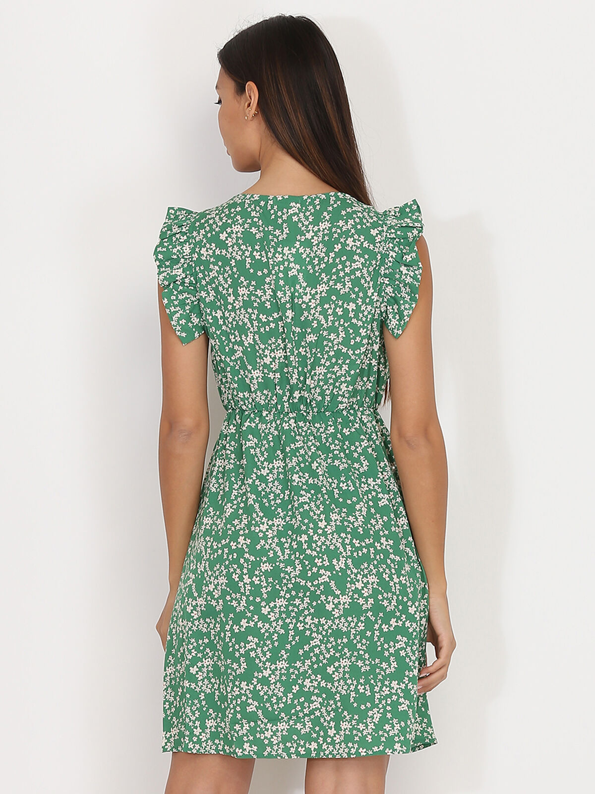 Robe évasée à fleurs et volants- Vert
