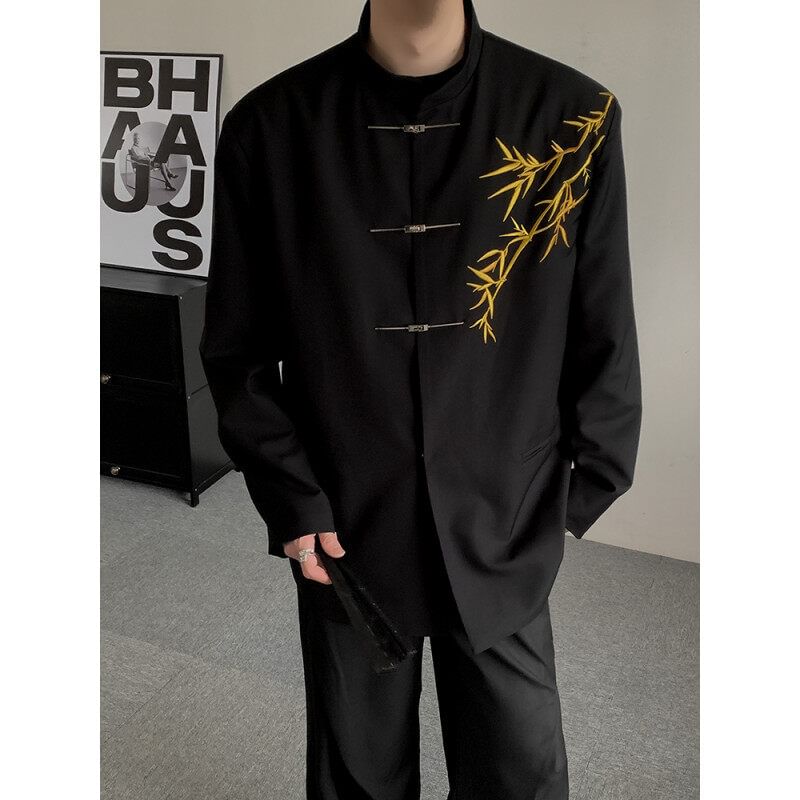 Chuoku - Blazer met mandarijnkraag, bamboe borduursel en kikkerknopen