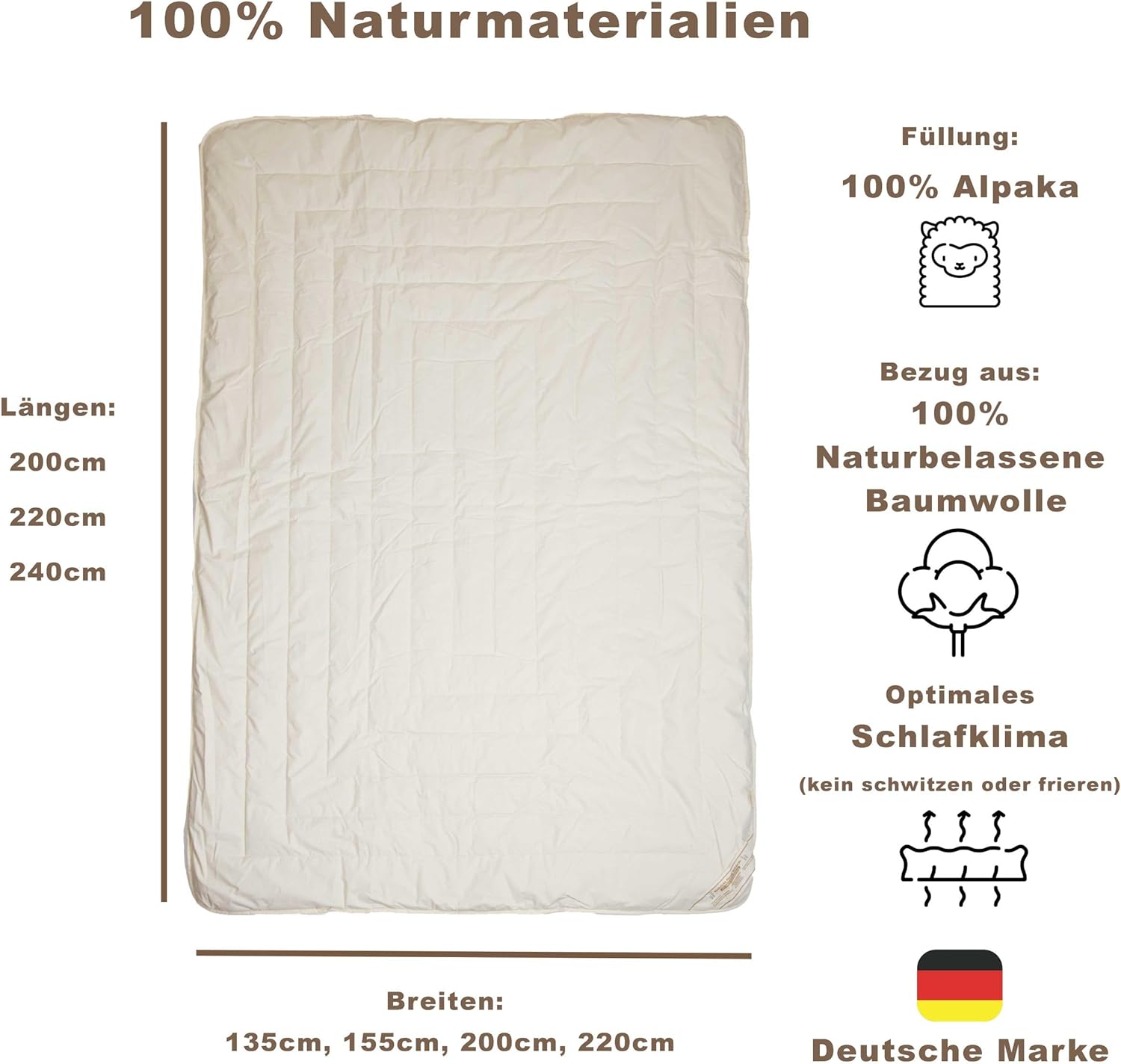 Alpaka Bettdecke Basic Line Sommer leicht, 155x220cm, Füllung 100% Alpakawolle (900g), Bezug aus naturbelassener Baumwolle
