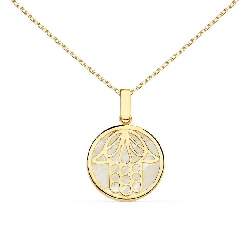 Collier - Pendentif Main de Fatma Or 18 Carats 750/000 Jaune et Nacre - Chaine Dorée