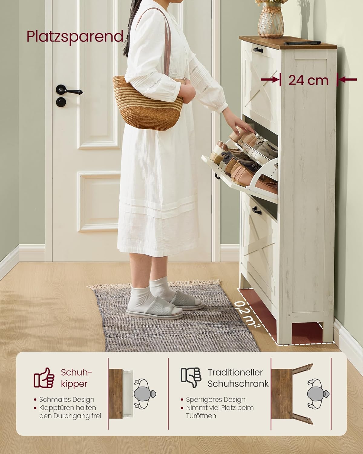 VASAGLE LIRY Kollektion - Schuhschrank 3 Klappen, Schuhkipper, freistehendes schmales Schuhregal, für Eingangsbereich, Landhausstil, für 18-24 Paar Schuhe, vintageweiß HSC301W02