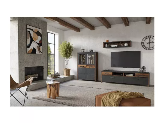 Buffet haut collection WINDSOR. Coloris gris anthracite et chêne foncé.