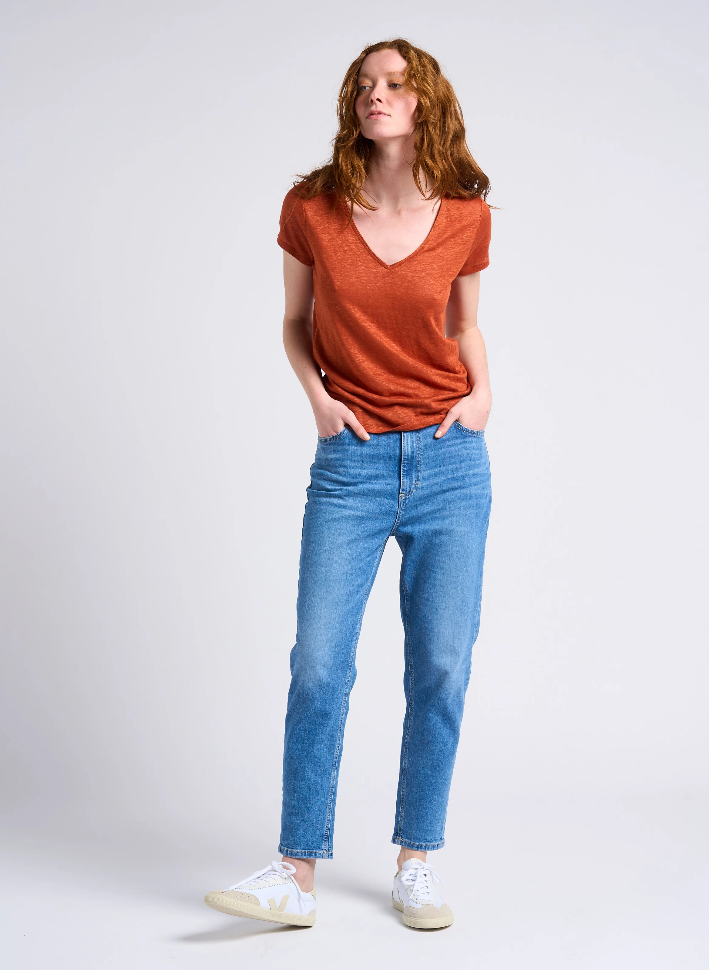 Jean mom-fit délavé taille haute en coton | Bleu