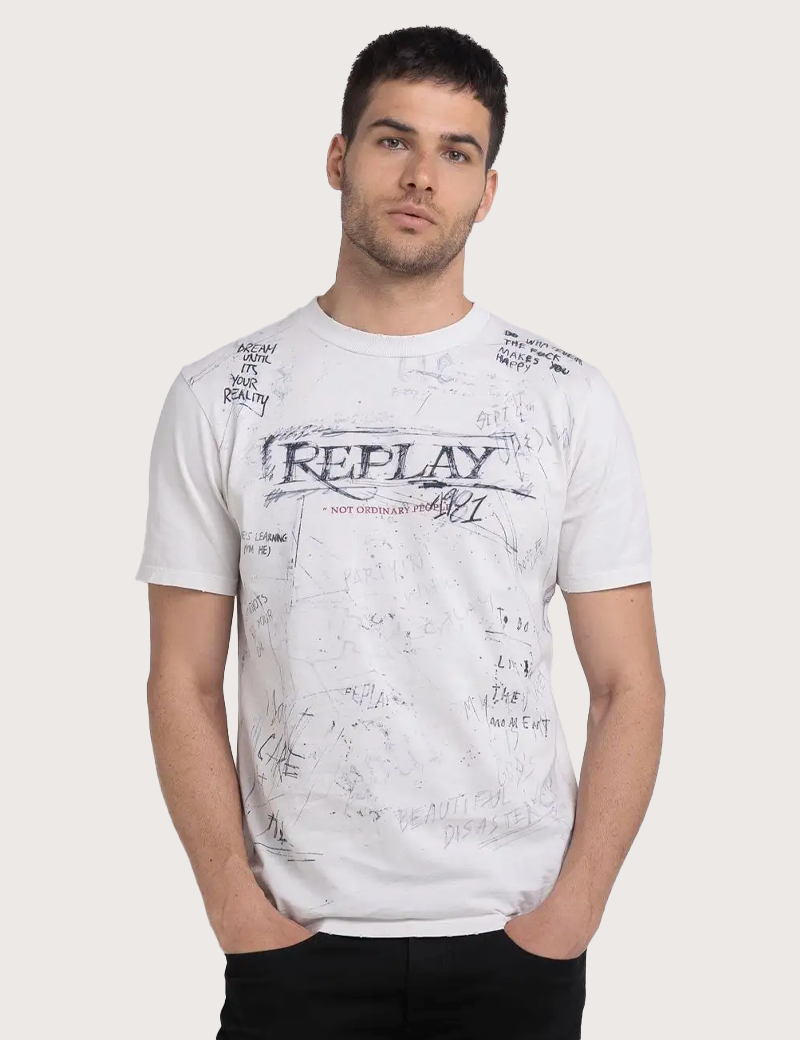 REPLAY T-SHIRT HOMME JERSEY REGULAR BLANC IMPRIMÉ NOIR
