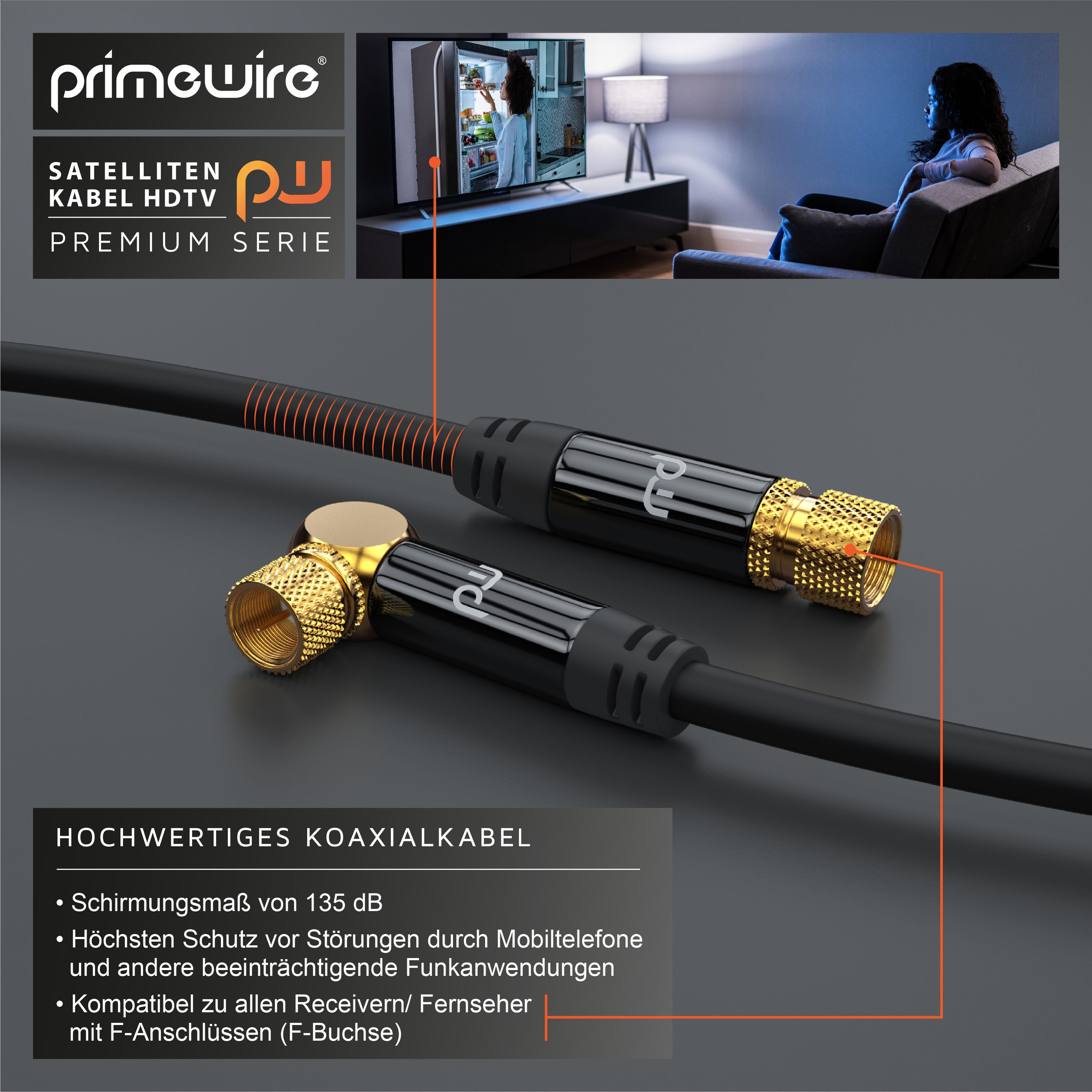 Primewire SAT-Kabel, Koax, F-Stecker, HDTV SAT Koax Kabel 90° gewinkelt, 4fach Schirmung, 135dB, 75Ohm - 7,5m