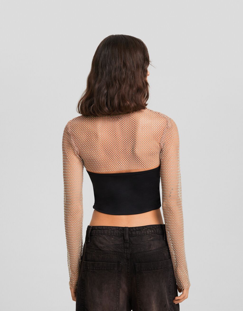 Camiseta de manga comprida em malha com strass