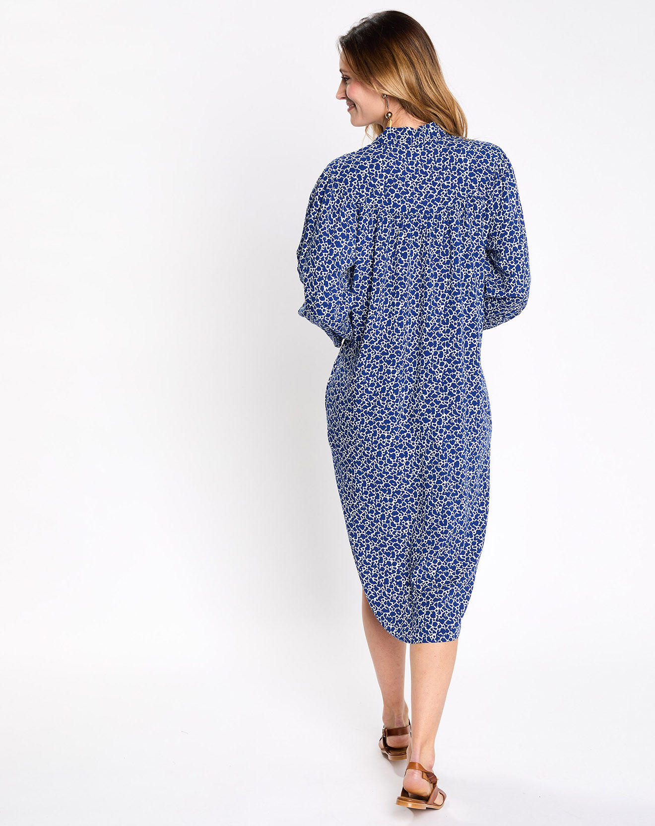 Esprit Robe col v lien imprimé taches bleu/blanc