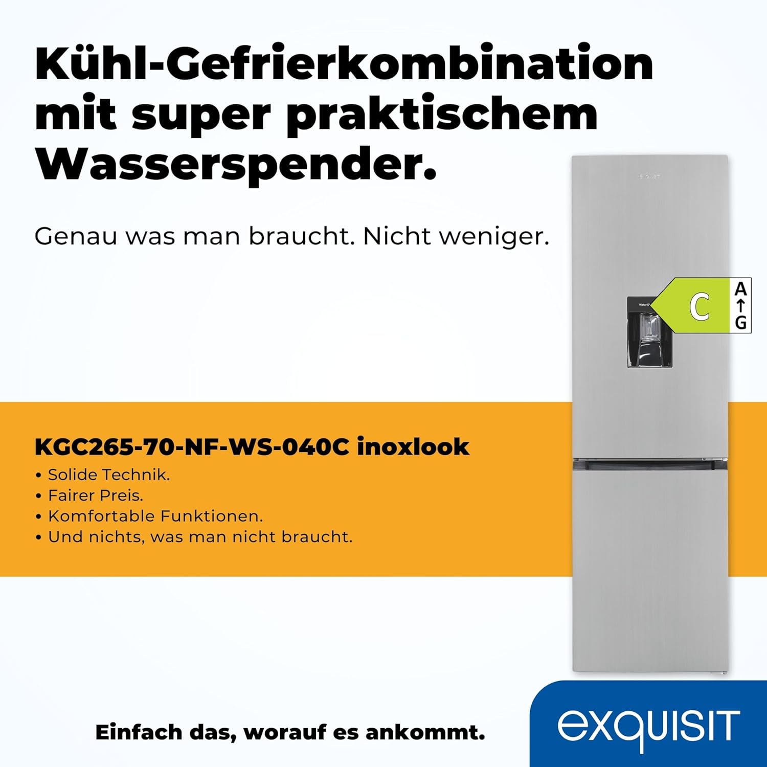 Exquisit Kühl-Gefrierkombination KGC265-70-NF-WS-040C inoxlook | 251 L Volumen | Kühl Gefrierkombination No-frost | Wasserspender | Kühlgefrierkombination freistehend