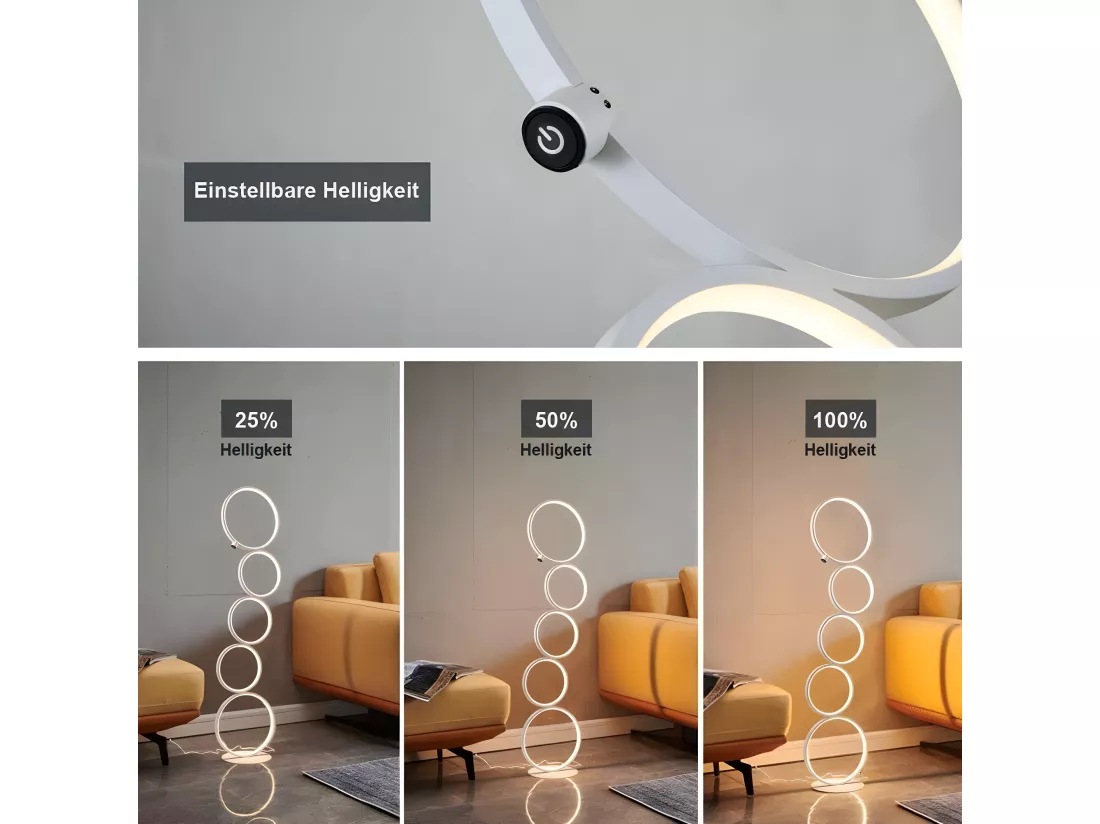 NETTLIFE LED Lampadaire Moderne Blanc 32W blanc chaud Interrupteur tactile Lampadaire Sur Pied avec 5 anneaux pour salon bureau