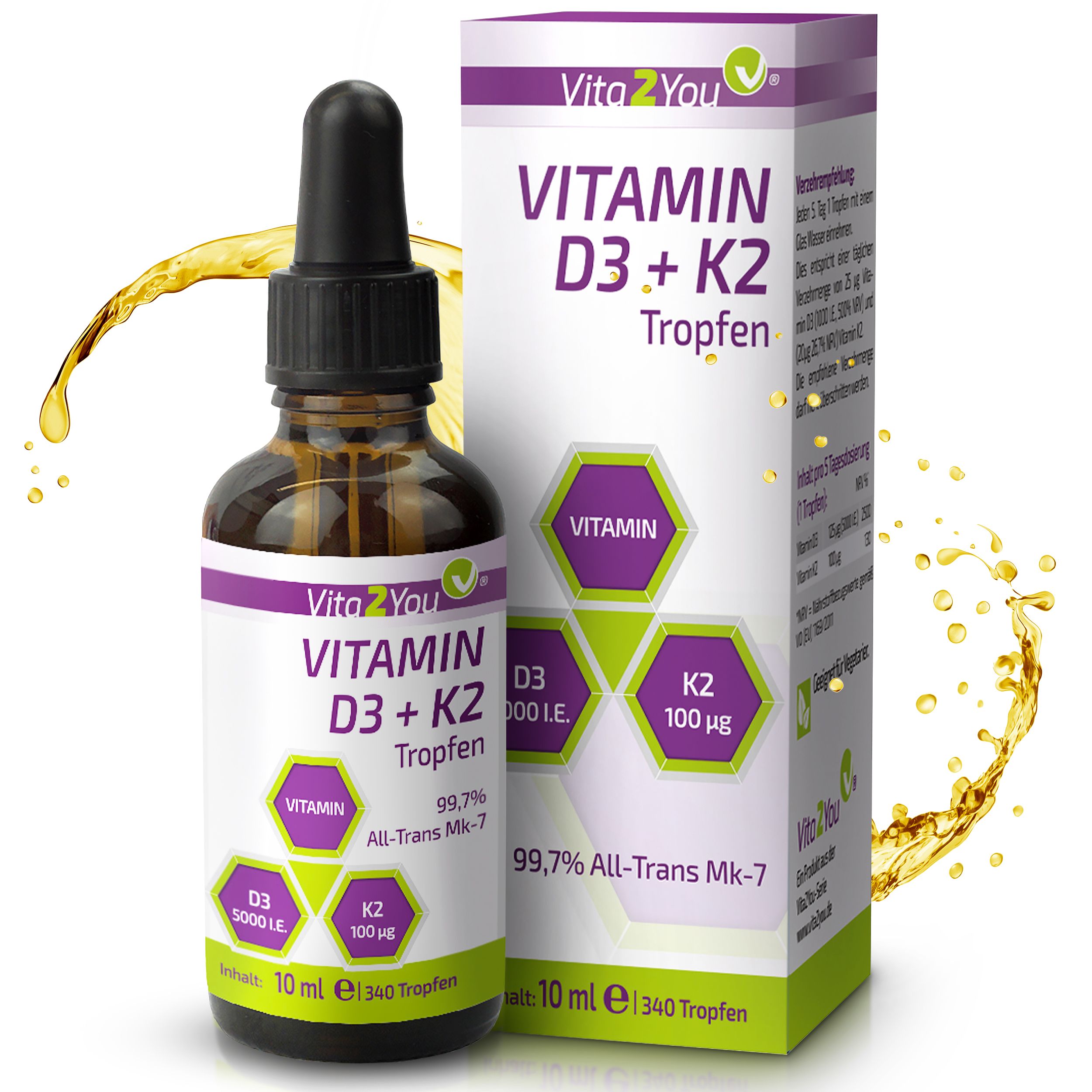 Vita2You Vitamin D3 + K2 Tropfen 5000IE - 100µg Vitamin K2